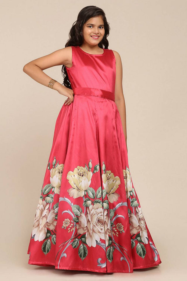 Girl's Pink Floral Printed Silk Dress