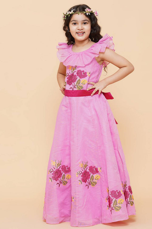 Girl's Pink Embroidered Cotton Dress