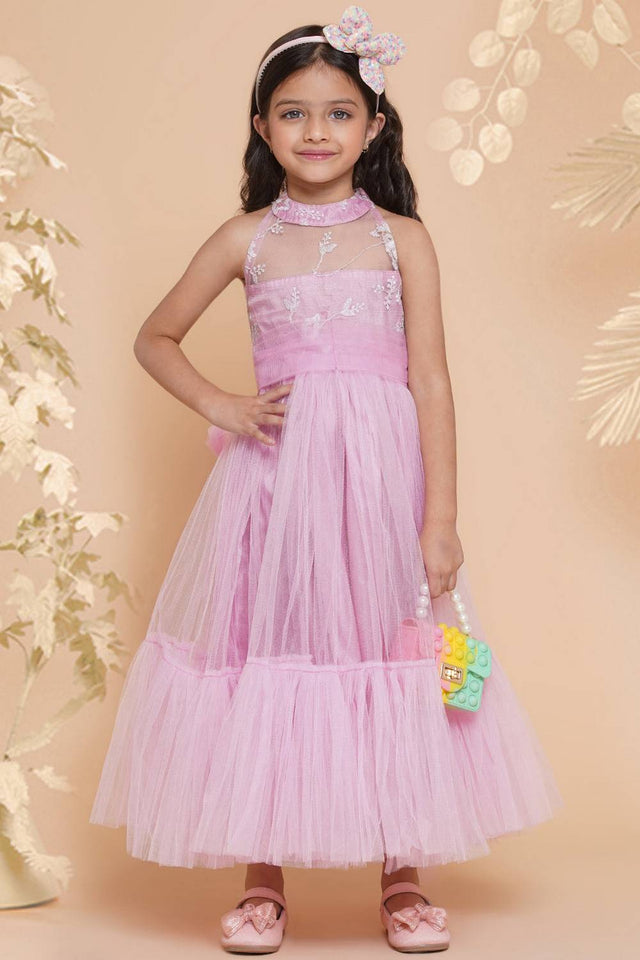 Girl's Pink Embroidered Polyester Gown