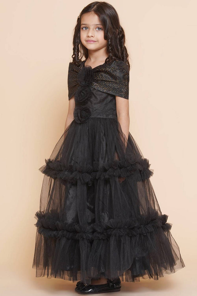 Girl's Black Emblished Flared Polyester Flared Dress