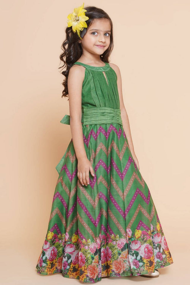 Girl's Green Zig Zag Flower Digital Printed Silk Dress