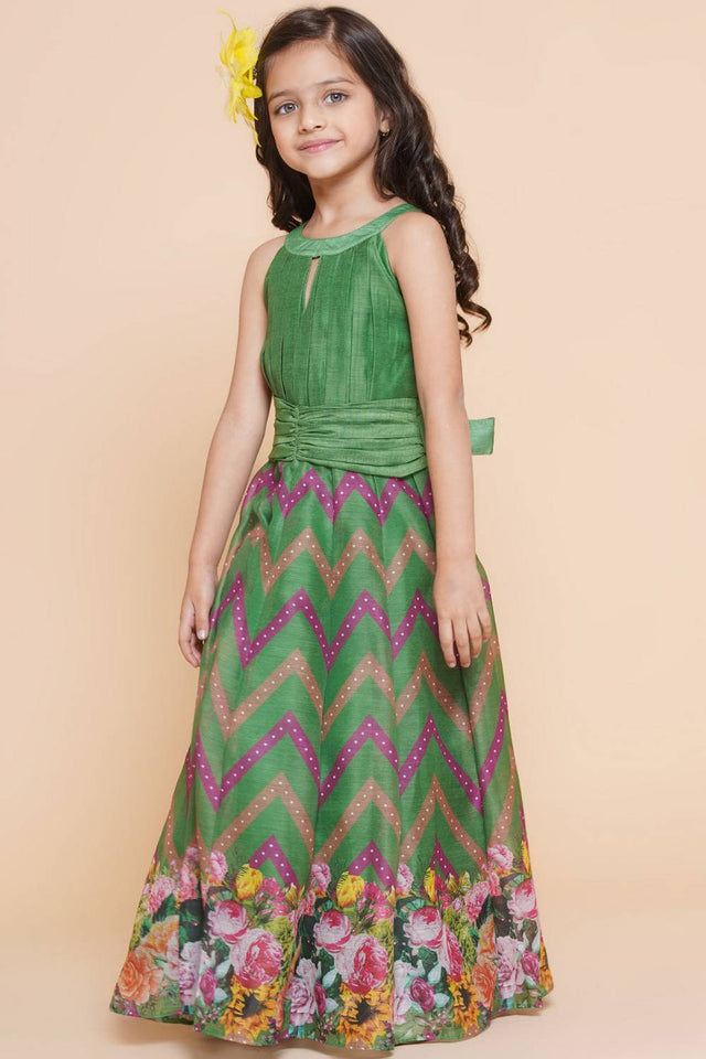 Girl's Green Zig Zag Flower Digital Printed Silk Dress
