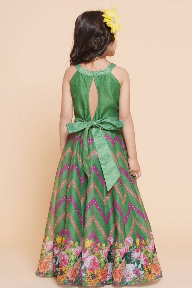 Girl's Green Zig Zag Flower Digital Printed Silk Dress
