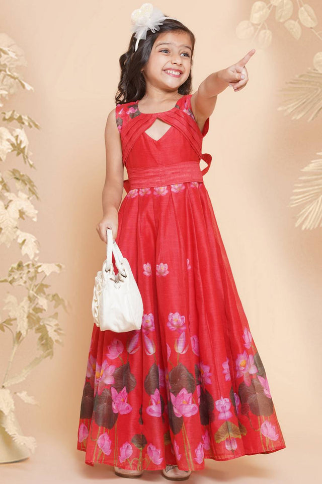 Girl's Red Floral Printed Silk Dress