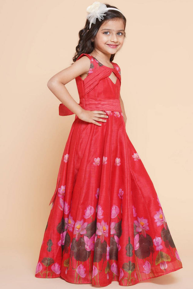 Girl's Red Floral Printed Silk Dress