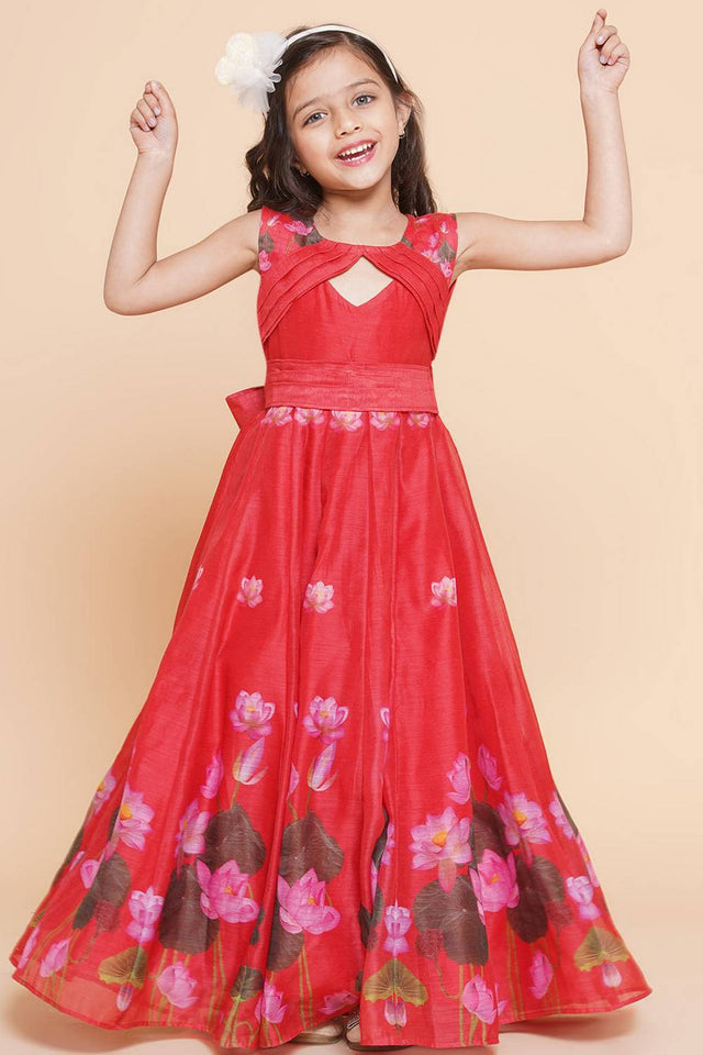 Girl's Red Floral Printed Silk Dress