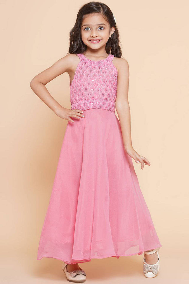 Girl's Pink Sequin With Embroidered Georgette Dress