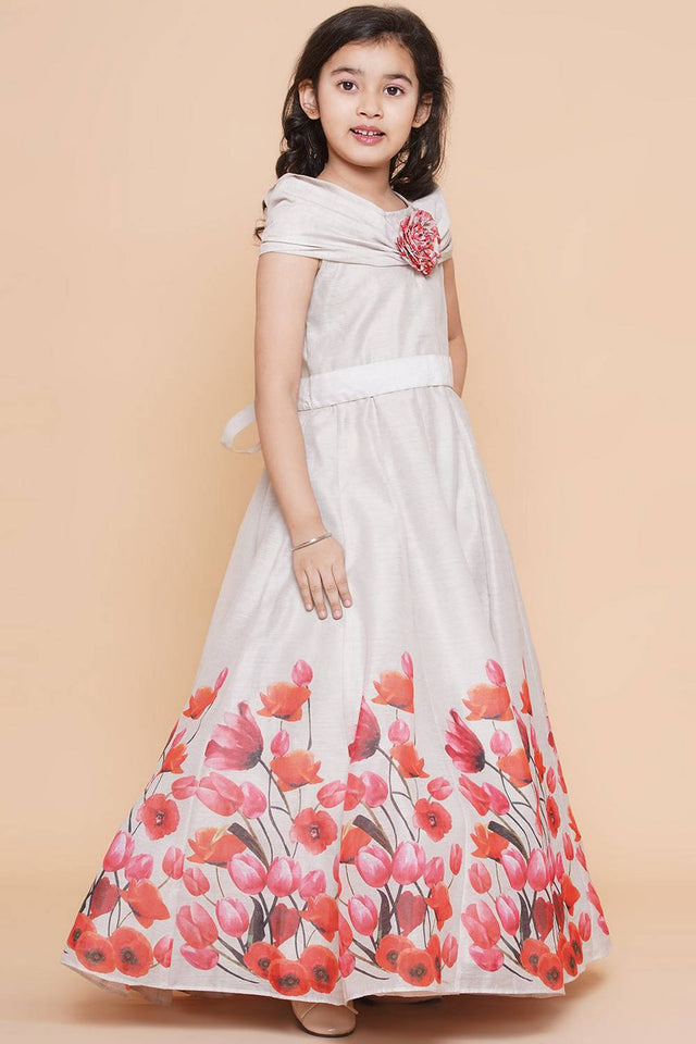 Girl's White Floral Printed Cotton Dress
