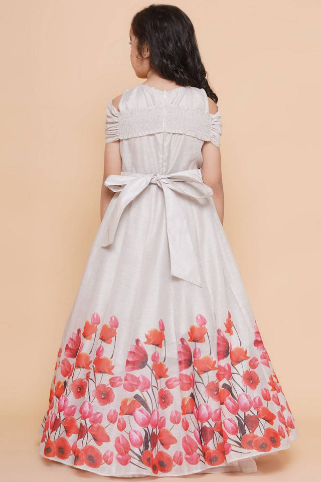 Girl's White Floral Printed Cotton Dress