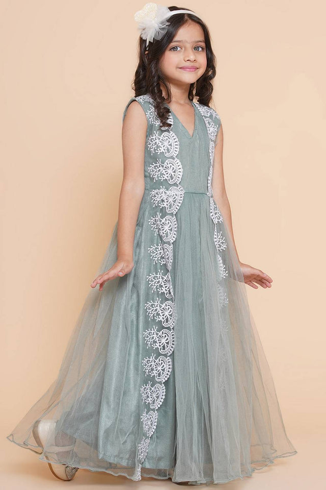Girl's Green Embroidered Polyester Gown