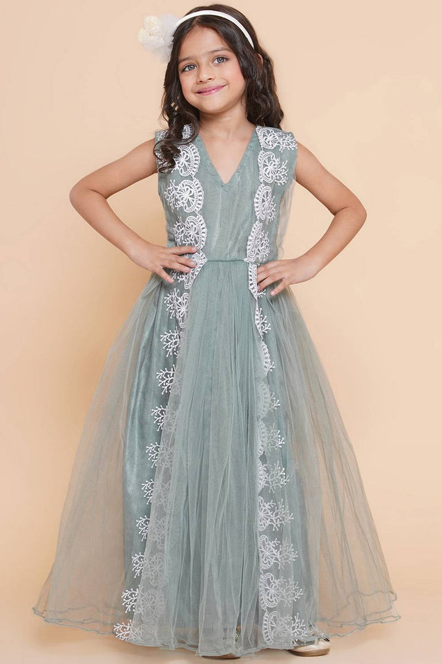 Girl's Green Embroidered Polyester Gown