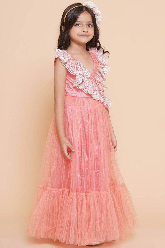 Girl's Peach Embroidered Polyester Gown