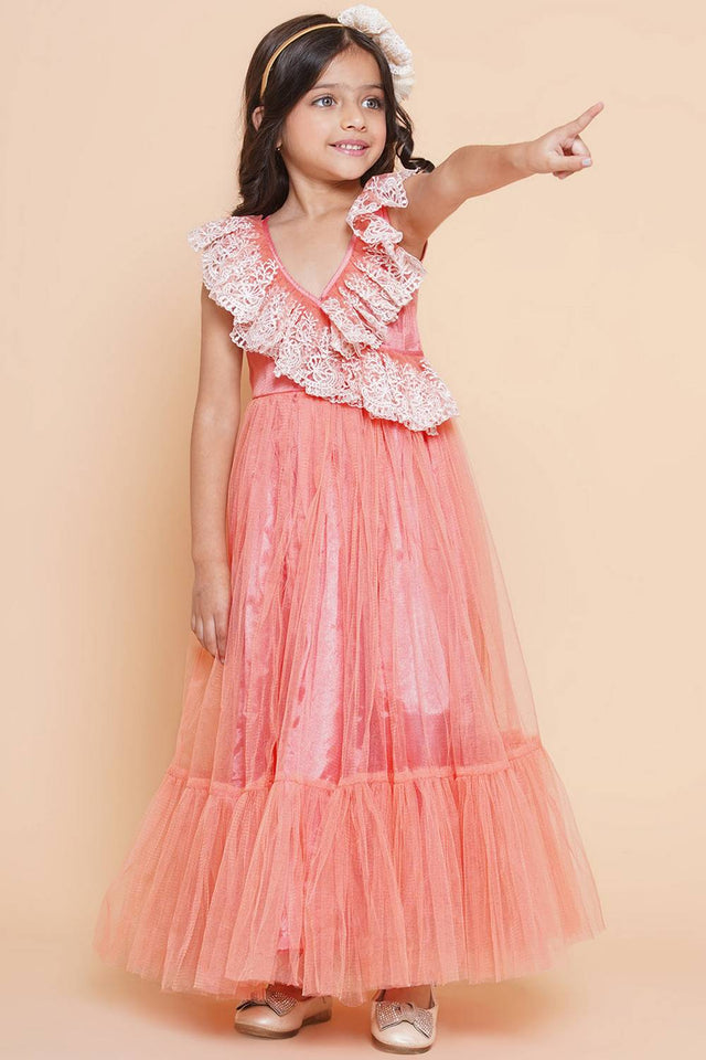 Girl's Peach Embroidered Polyester Gown