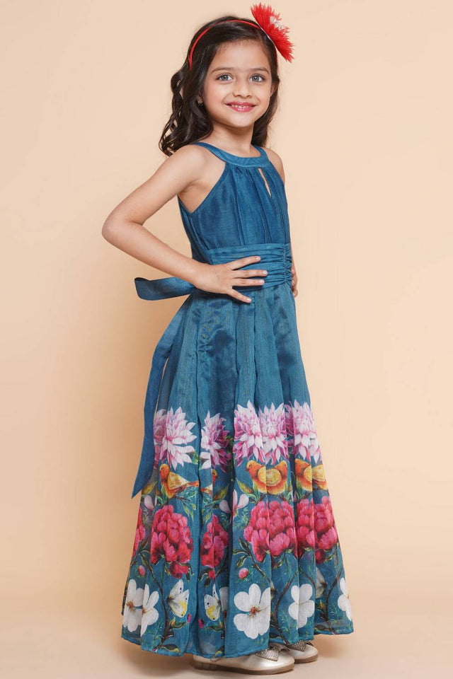 Girl's Turquoise Floral Printed Silk Dress