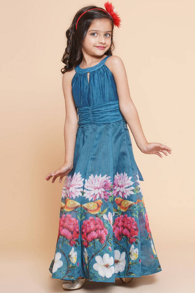 Girl's Turquoise Floral Printed Silk Dress