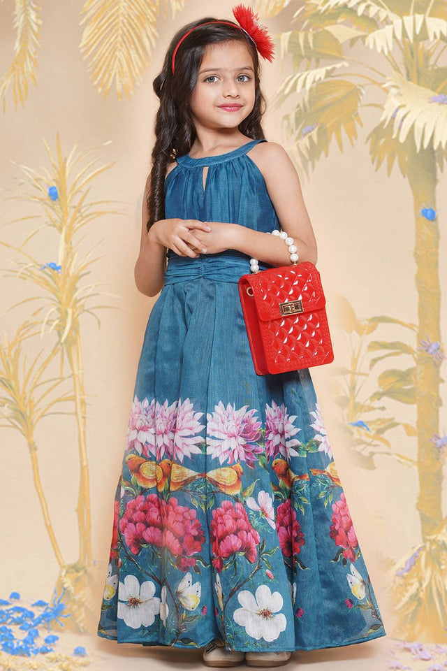 Girl's Turquoise Floral Printed Silk Dress