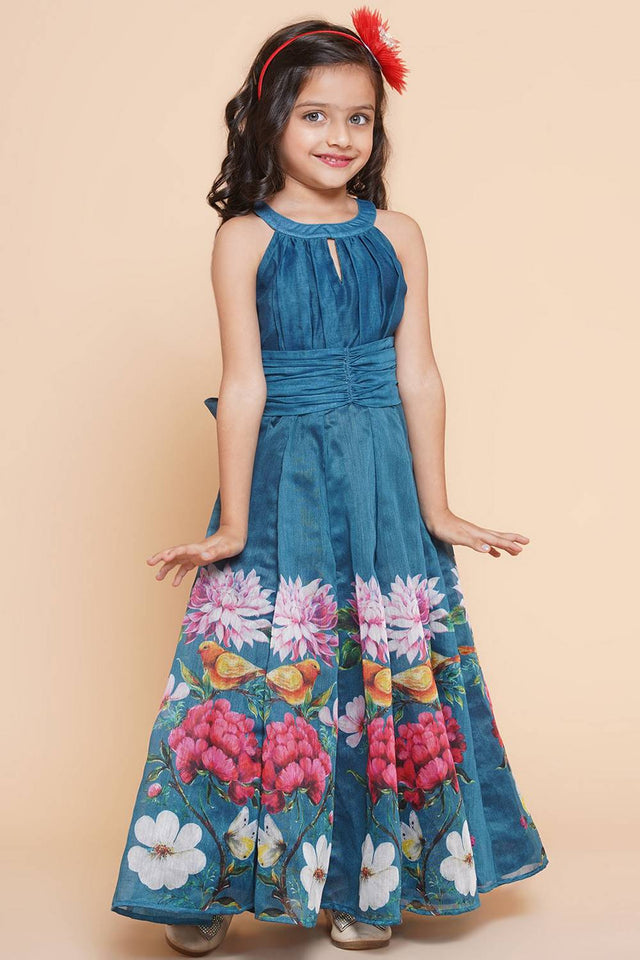 Girl's Turquoise Floral Printed Silk Dress