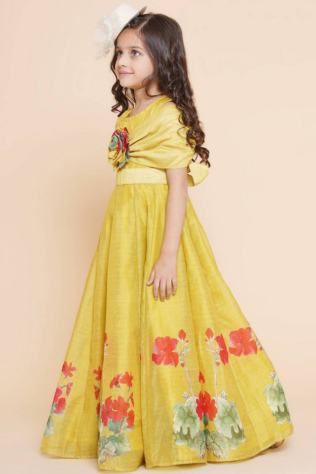 Girl's Yellow Floral Printed Cotton Dress