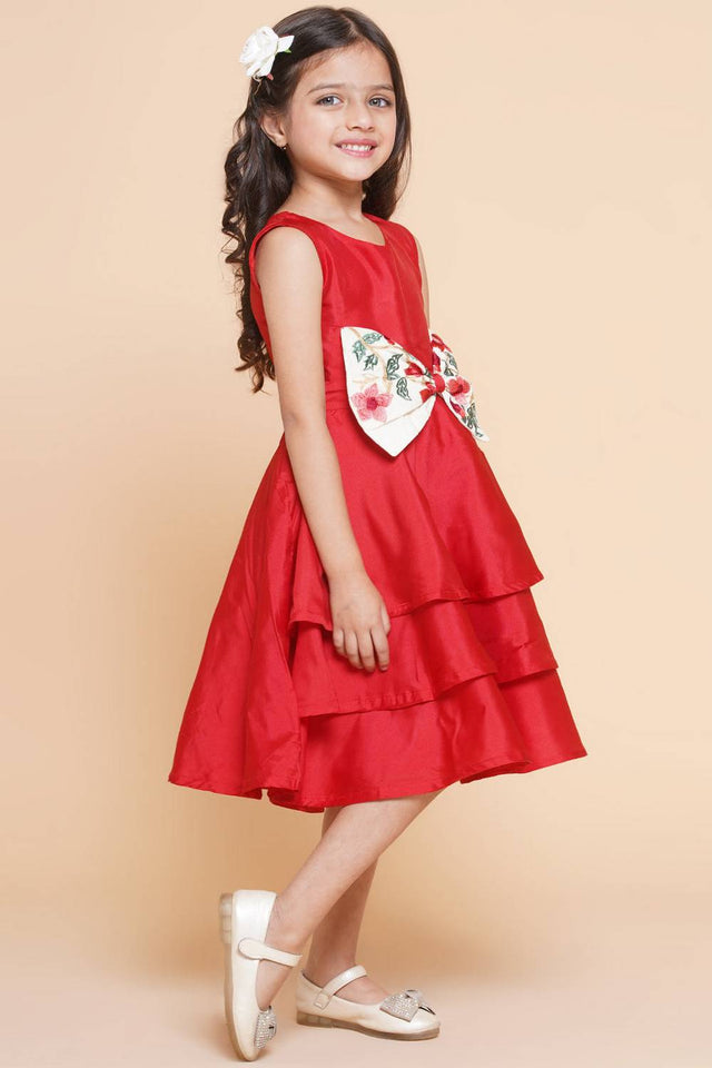 Girl's Red Solid Silk Dress