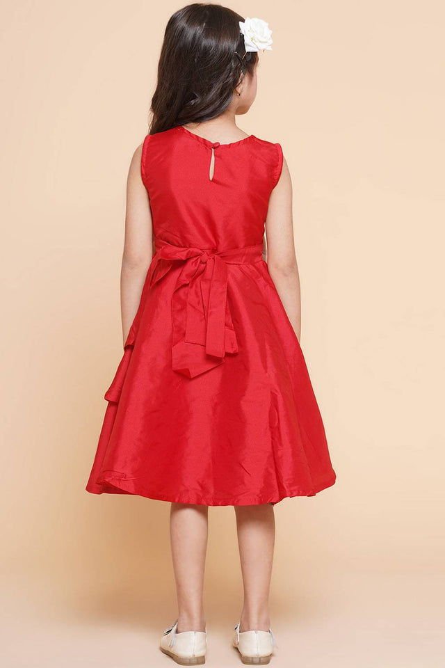 Girl's Red Solid Silk Dress