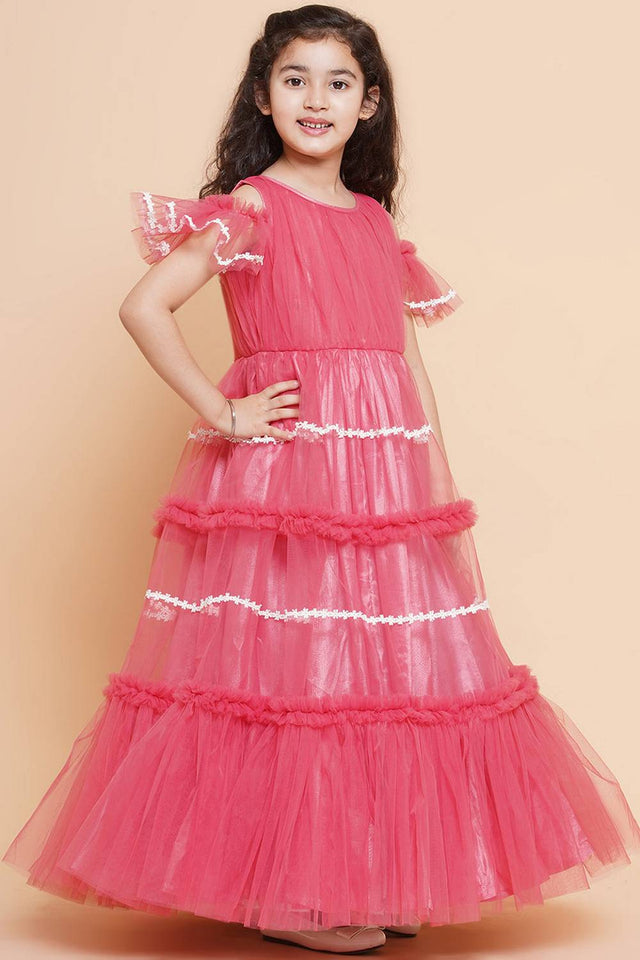 Girl's Peach Solid Flared Net Flared Dress