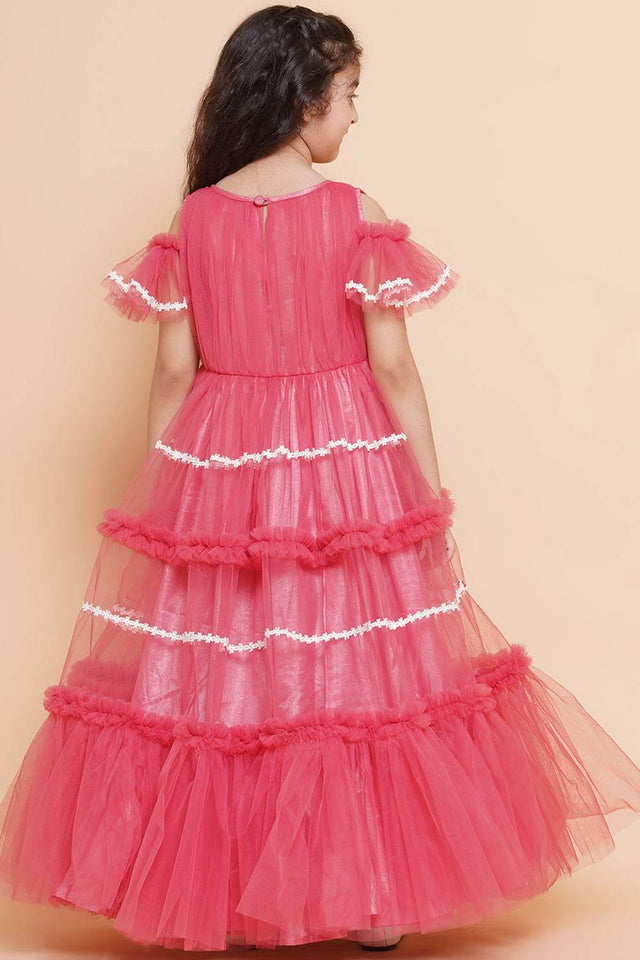 Girl's Peach Solid Flared Net Flared Dress