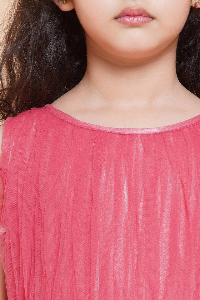 Girl's Peach Solid Flared Net Flared Dress