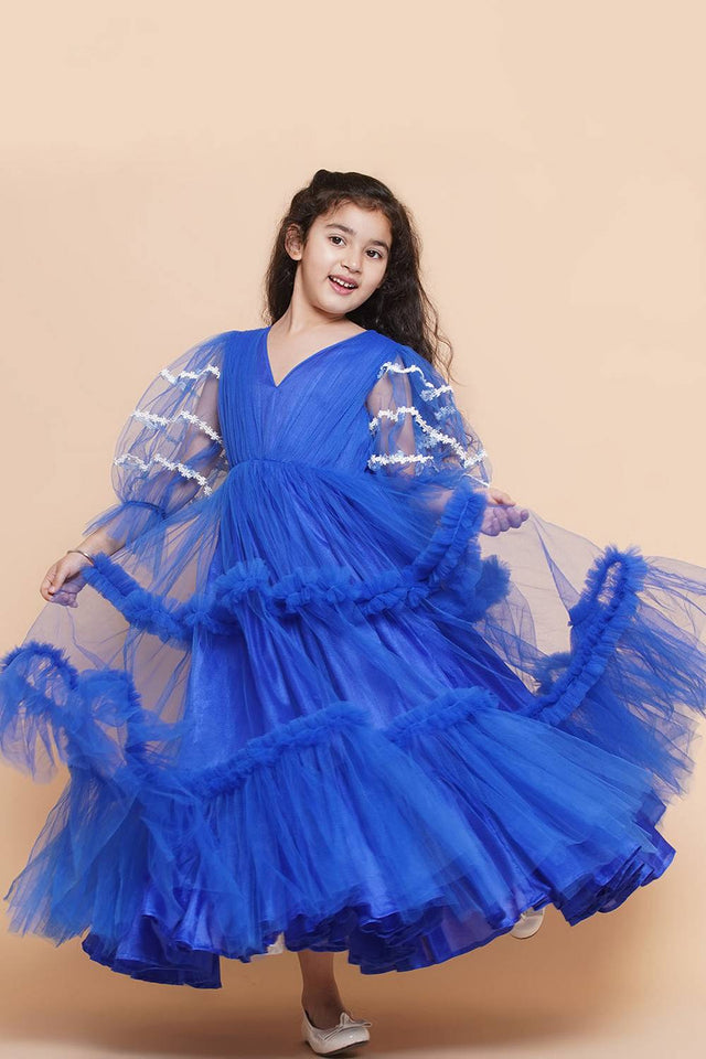 Girl's Blue Solid Flared Net Flared Dress