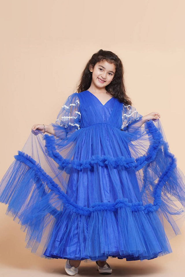 Girl's Blue Solid Flared Net Flared Dress