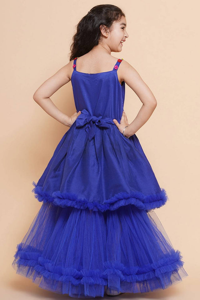 Girl's Blue Embroidered Polyester Dress