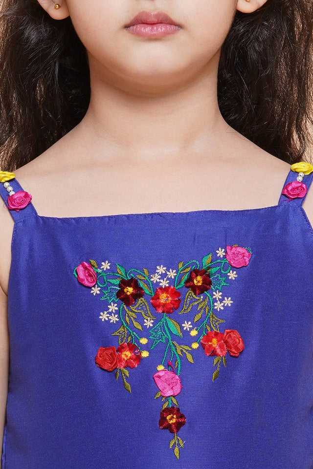 Girl's Blue Embroidered Polyester Dress