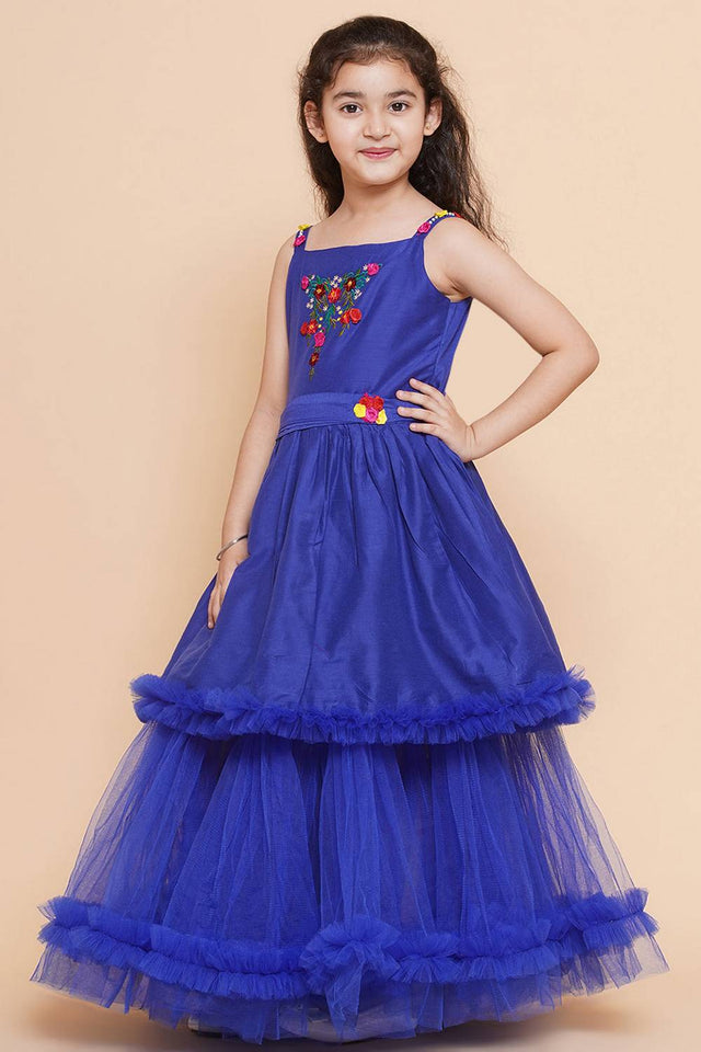 Girl's Blue Embroidered Polyester Dress
