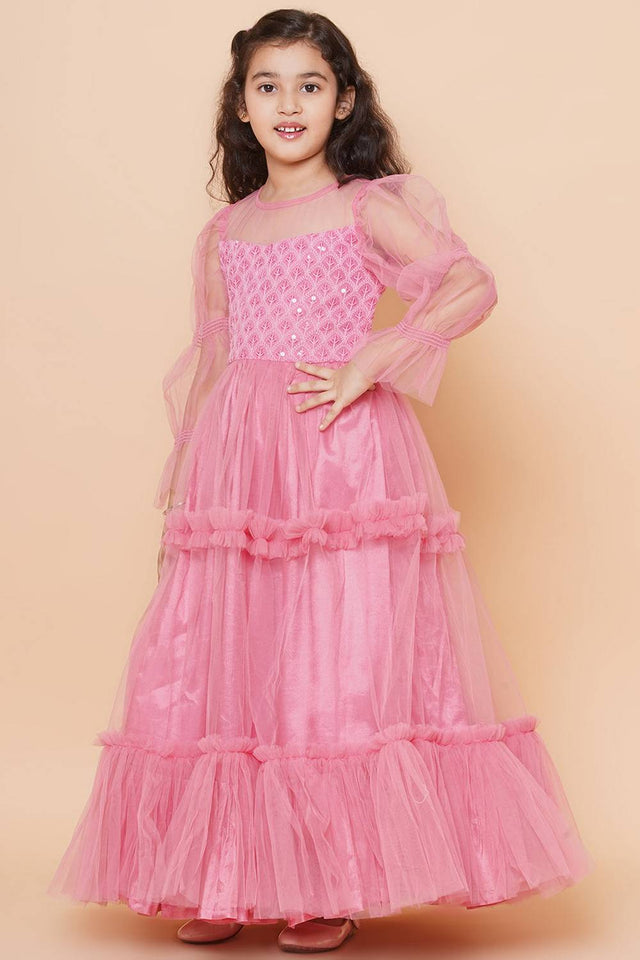 Girl's Pink Sequin With Embroidered Polyester Gown