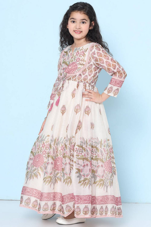 Girl's White Floral Printed Silk Dress (N2ZBDRS044)