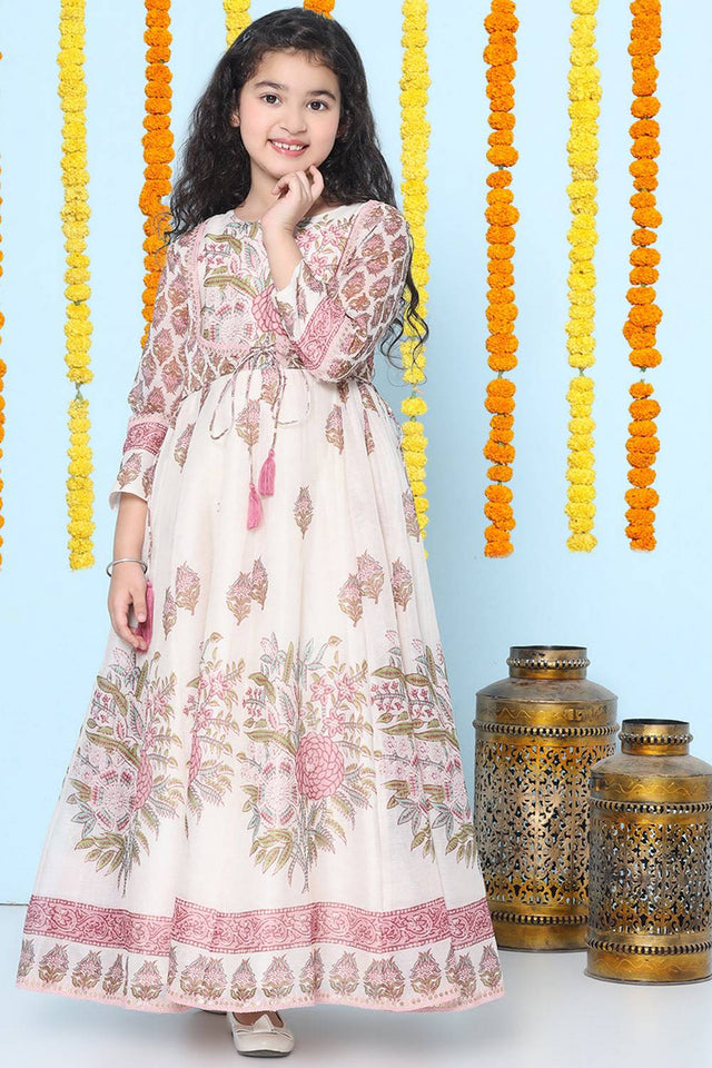 Girl's White Floral Printed Silk Dress (N2ZBDRS044)