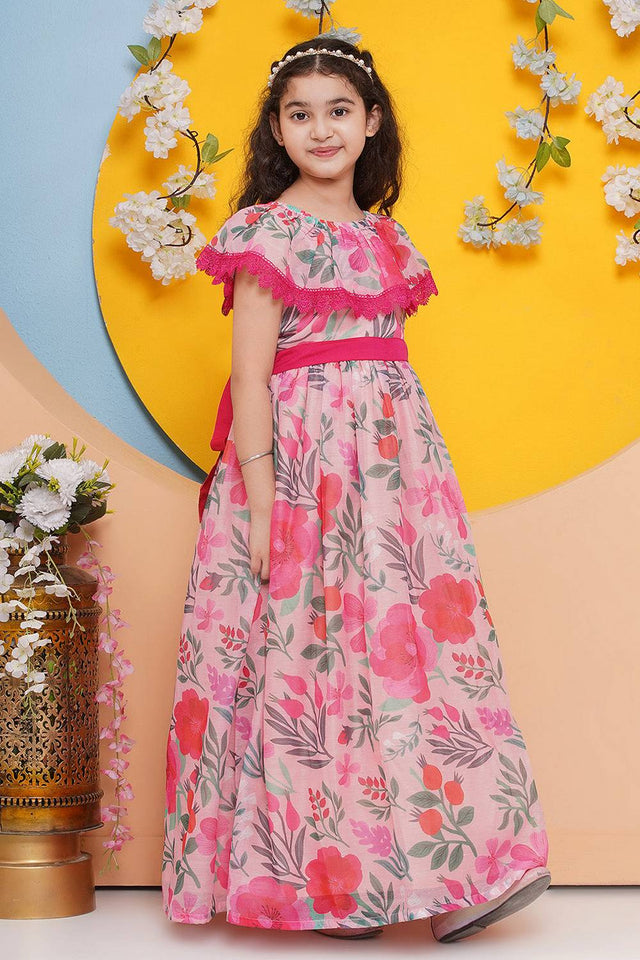 Girl's Pink Floral Printed Silk Dress