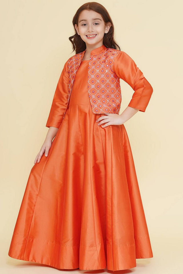 Girl's Orange Solid Silk Dress