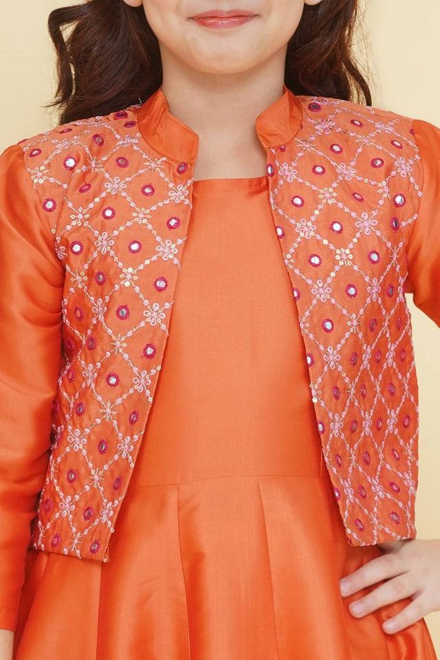 Girl's Orange Solid Silk Dress