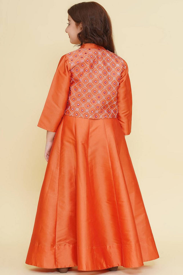 Girl's Orange Solid Silk Dress