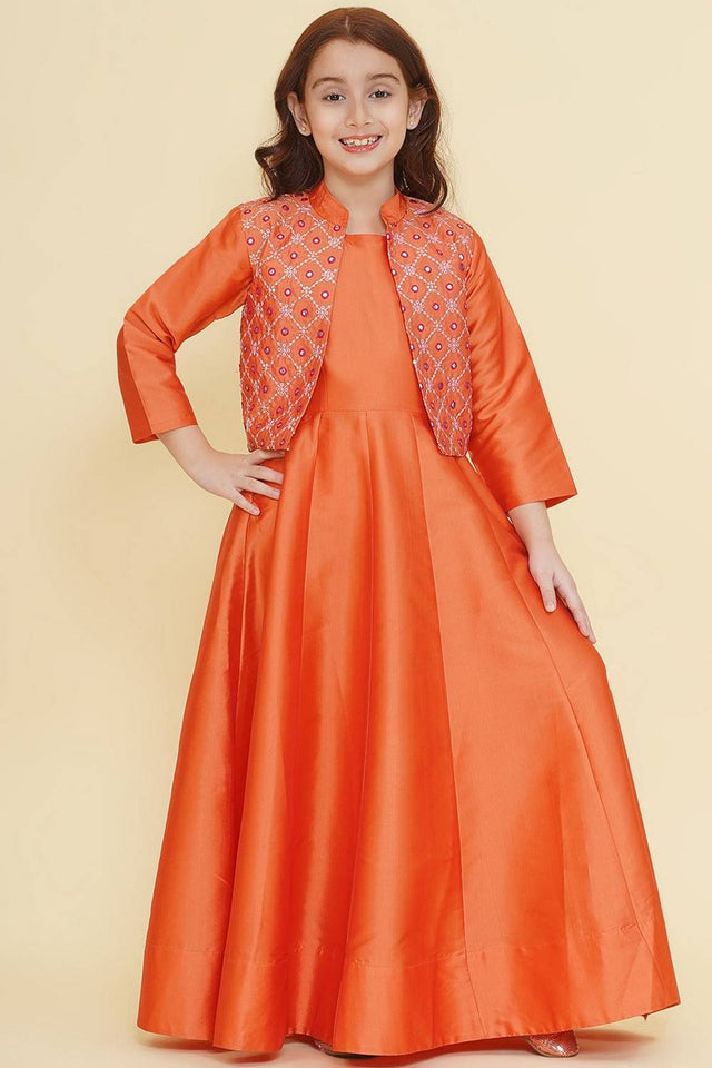 Girl's Orange Solid Silk Dress