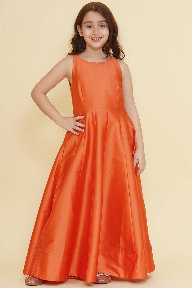 Girl's Orange Solid Silk Dress