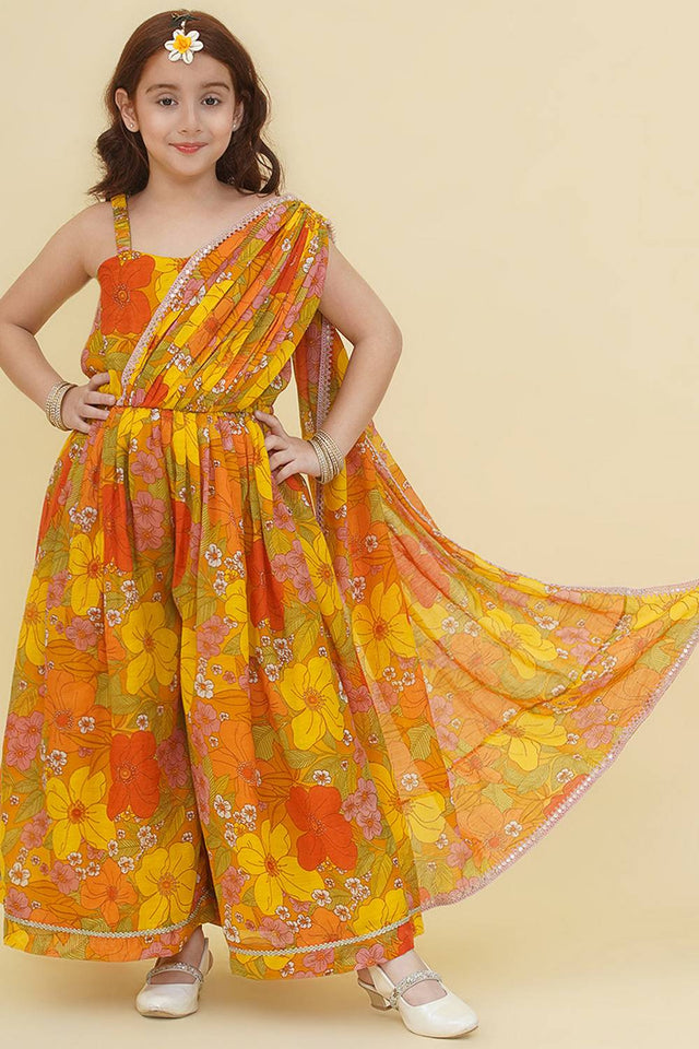 Girl's Yellow Floral Printed Silk Dress