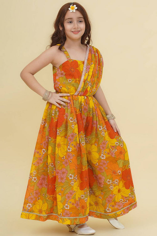 Girl's Yellow Floral Printed Silk Dress