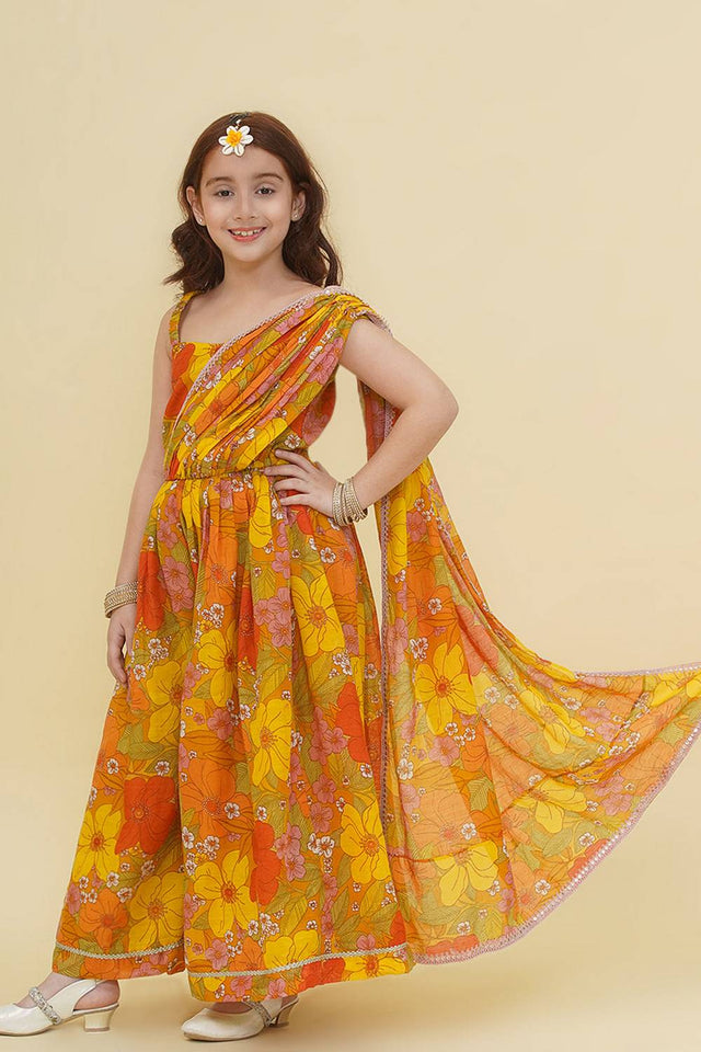 Girl's Yellow Floral Printed Silk Dress