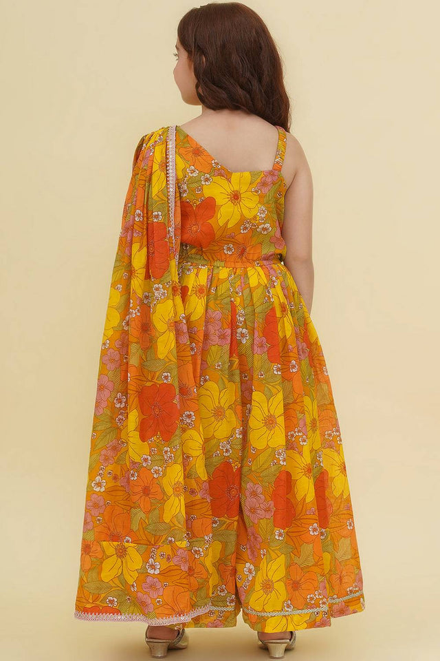 Girl's Yellow Floral Printed Silk Dress