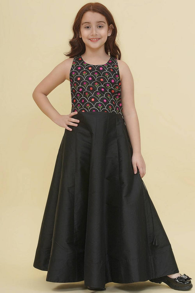 Girl's Black Embroidered Silk Dress