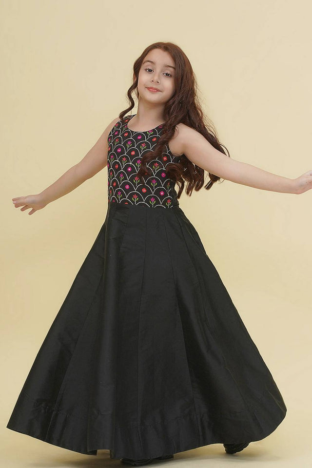 Girl's Black Embroidered Silk Dress