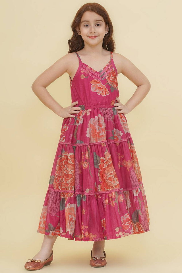 Girl's Pink Floral Printed Silk Lehenga