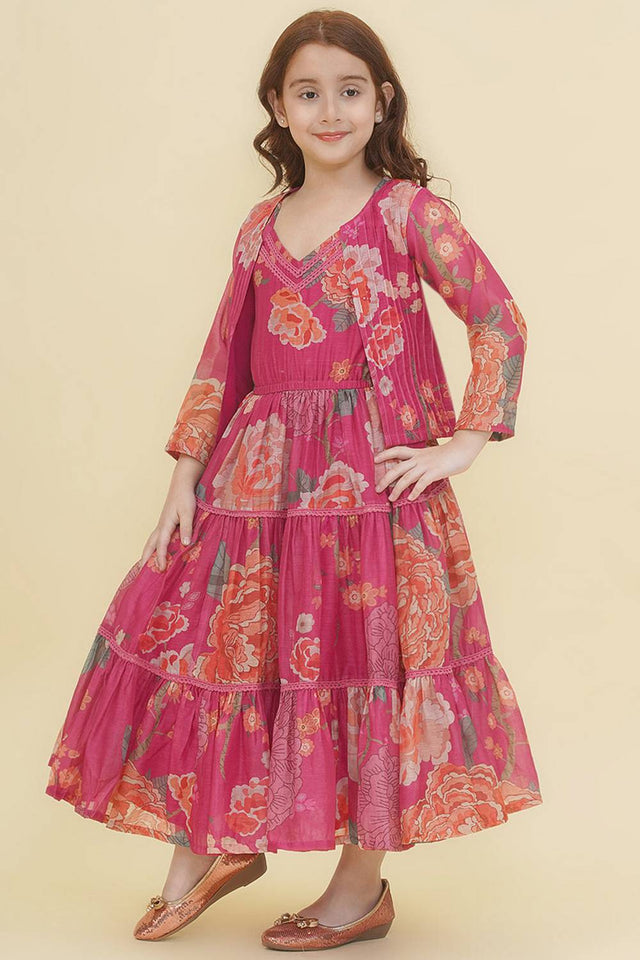 Girl's Pink Floral Printed Silk Lehenga
