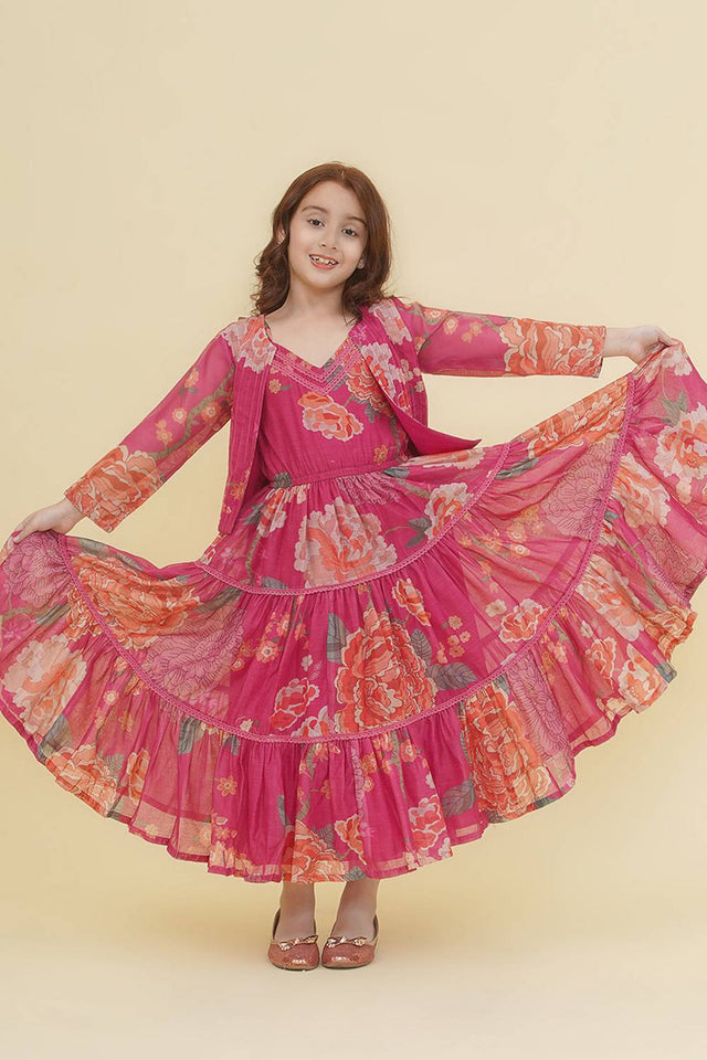 Girl's Pink Floral Printed Silk Lehenga